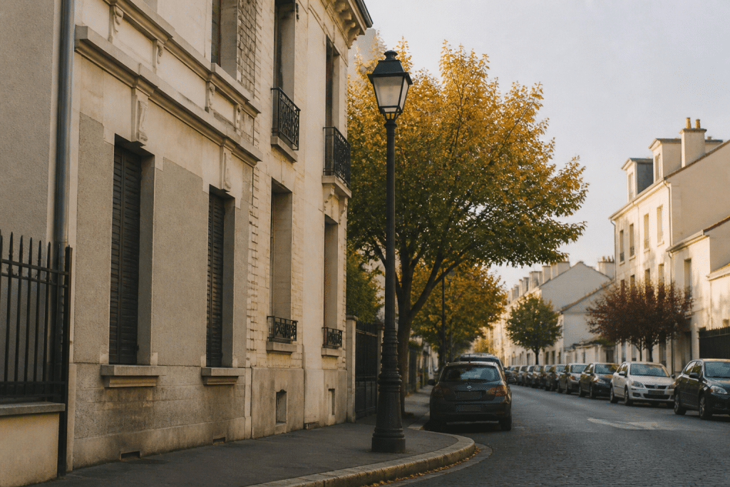 Rue de quartier urbain avec lampadaire et facades résidentielles