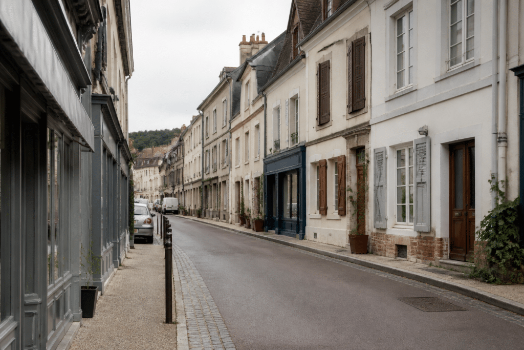 Rue tranquille de Vernon avec maisons résidentielles et commerces
