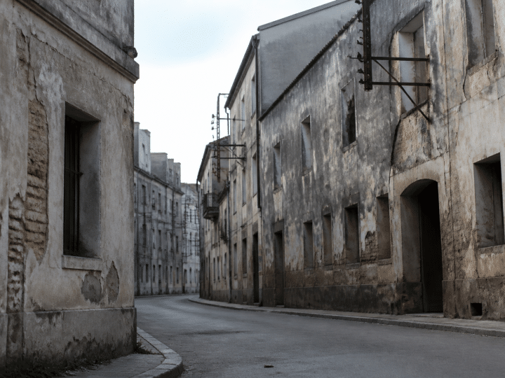 Rues urbaines avec immeubles delabres et facades grises abandonnees