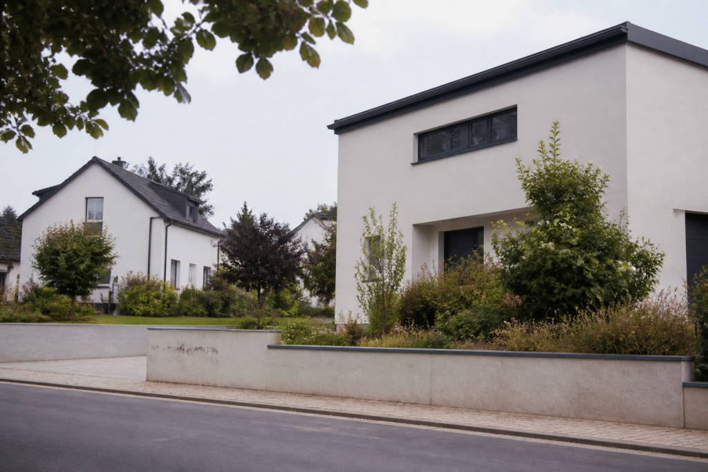 Maisons modernes avec jardins dans quartier residentiel calme