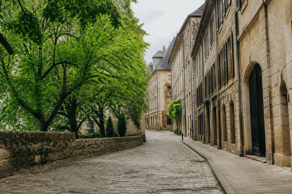 Rues pavées historiques avec facades anciennes et arbres verts