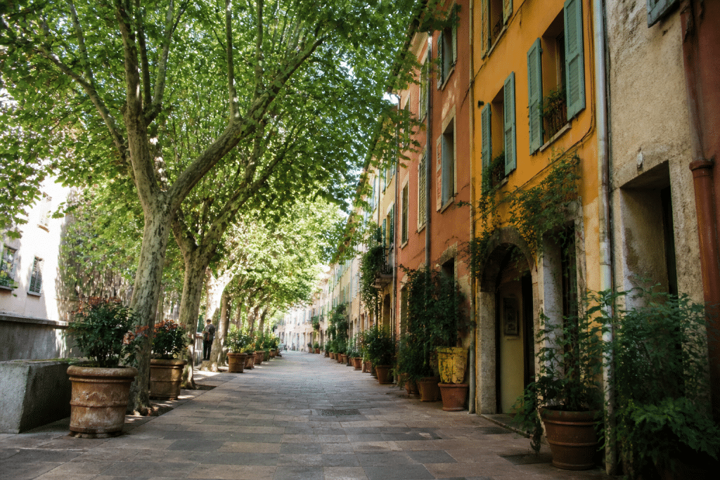 Rue commerçante paisible avec facades colorées et arbres verts