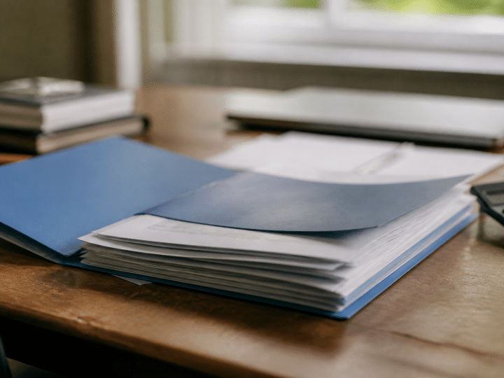 Contrat d'assurance vie ouvert sur bureau avec documents financiers