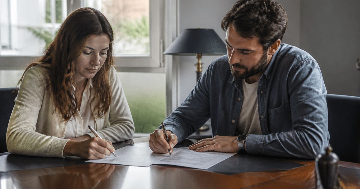Deux personnes signent documents notarie assis face bureau