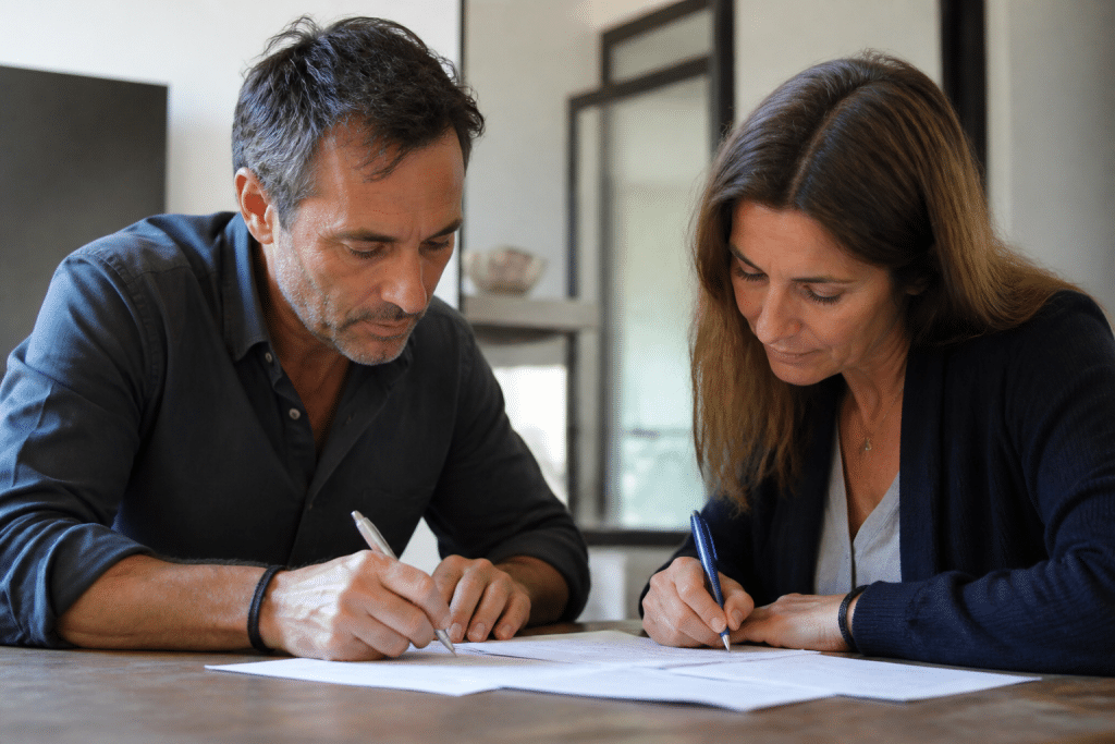Deux personnes signant documents immobiliers valeur deux cent mille euros