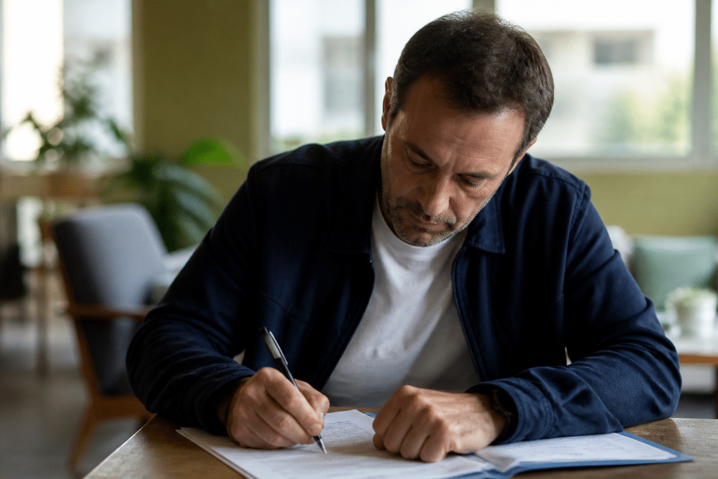 Homme signant documents immobiliers avec stylo noir