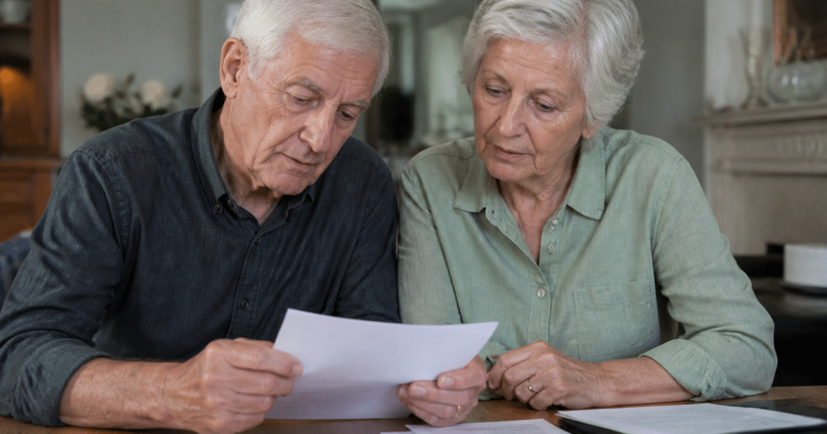 Couple senior assis examine documents fiscaux immobiliers