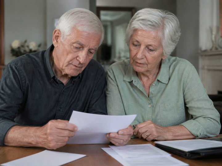 Couple senior assis examine documents fiscaux immobiliers