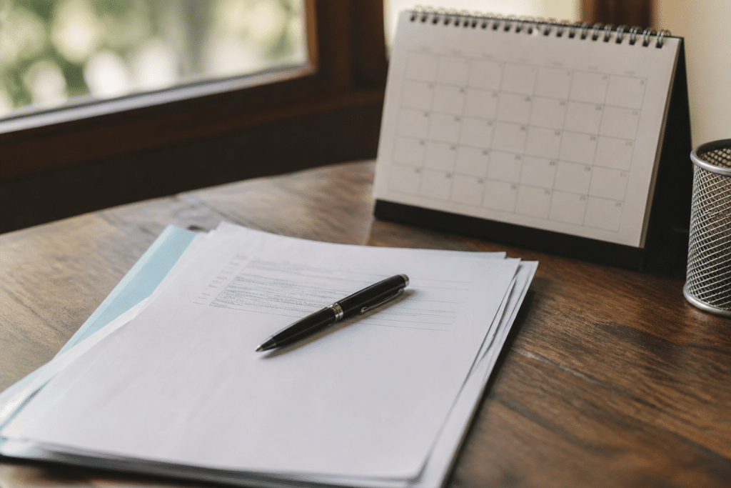Document de congé immobilier avec calendrier et stylo noir