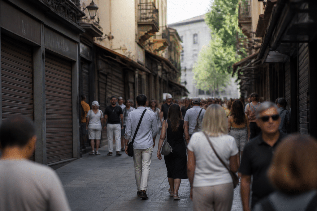 Rue animée avec foule de touristes et commerces fermés