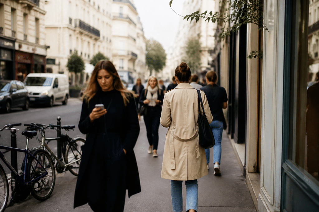 Rue de quartier avec commerces locaux et passants multiples