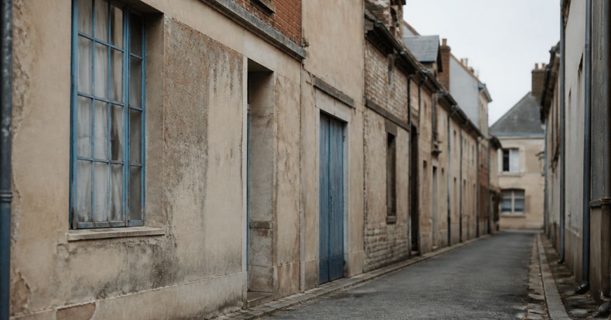 rue vide vernon avec immeubles degrades et facades usees