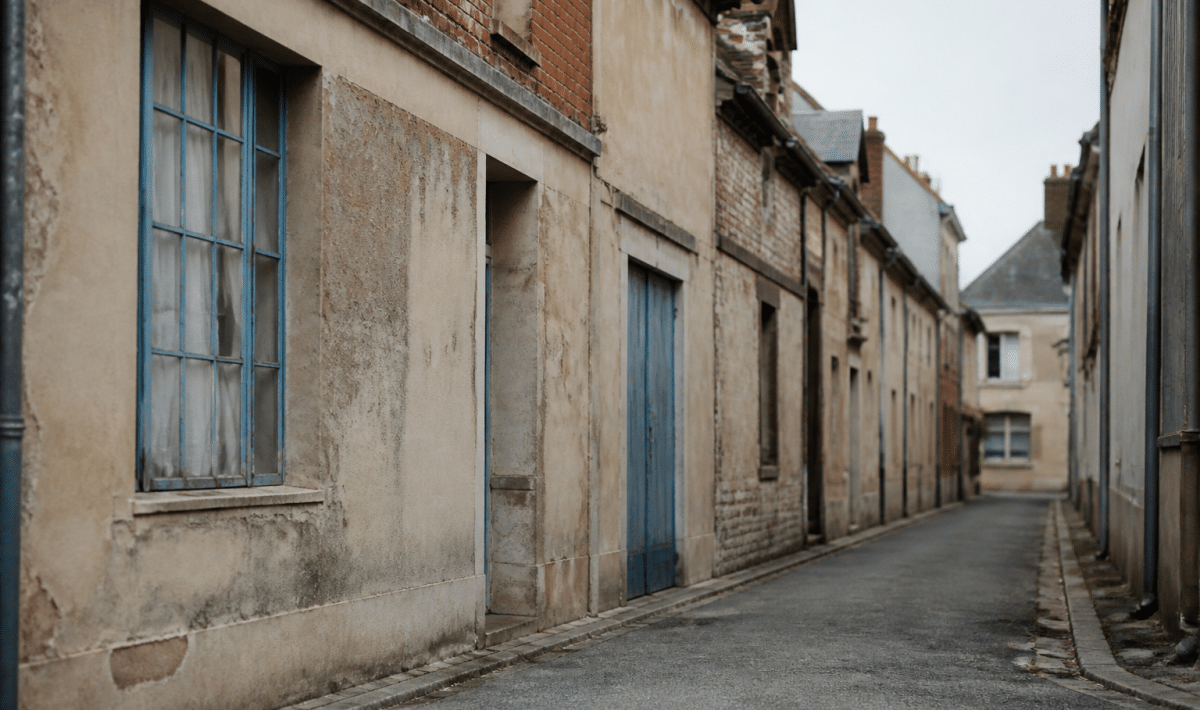 rue vide vernon avec immeubles degrades et facades usees