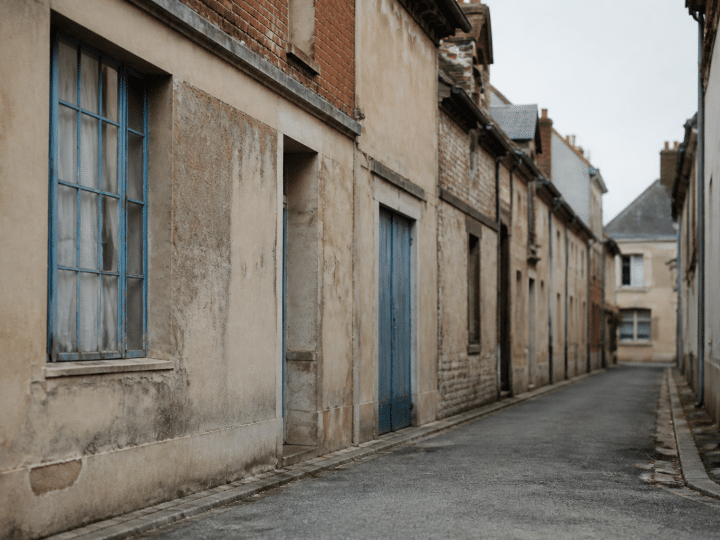 rue vide vernon avec immeubles degrades et facades usees
