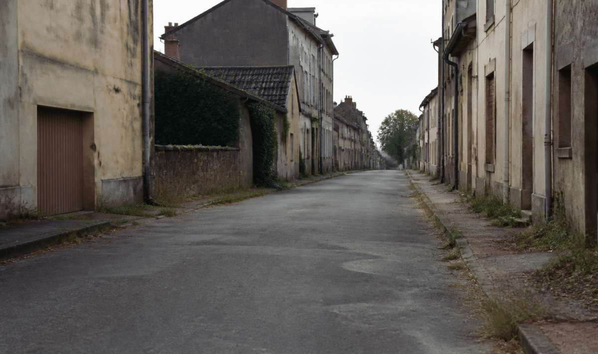 Rue deserté d'Alençon avec immeubles délabré en arrière-plan