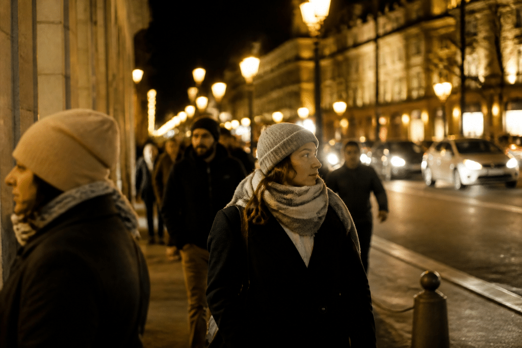 Rue eclairee la nuit avec pietons vigilants