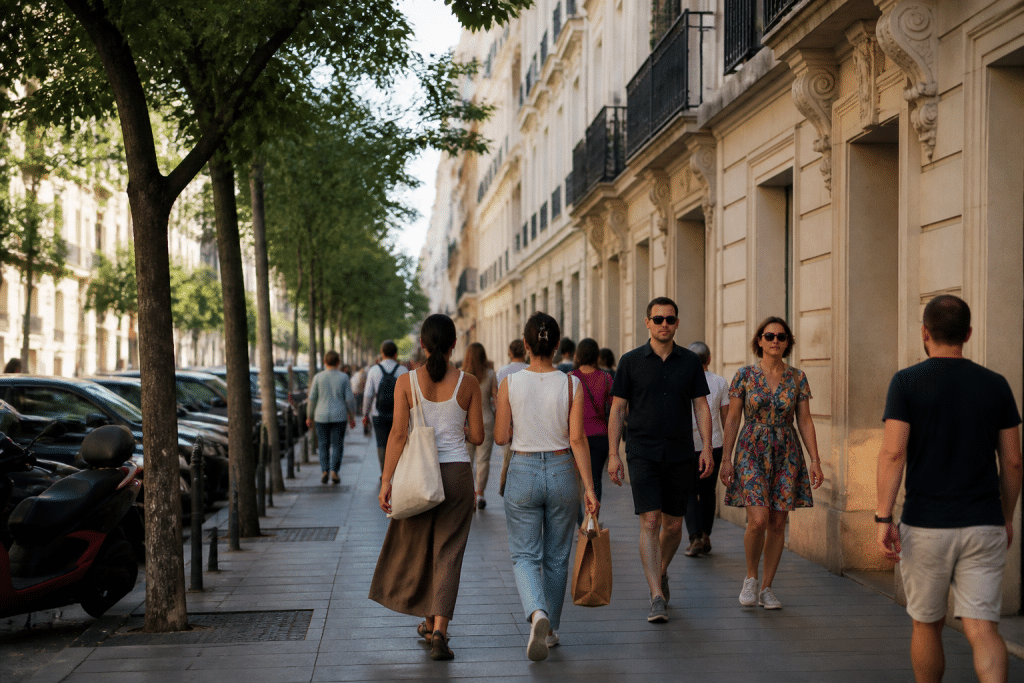 Rue bien eclairee avec passants dans quartier urbain anime