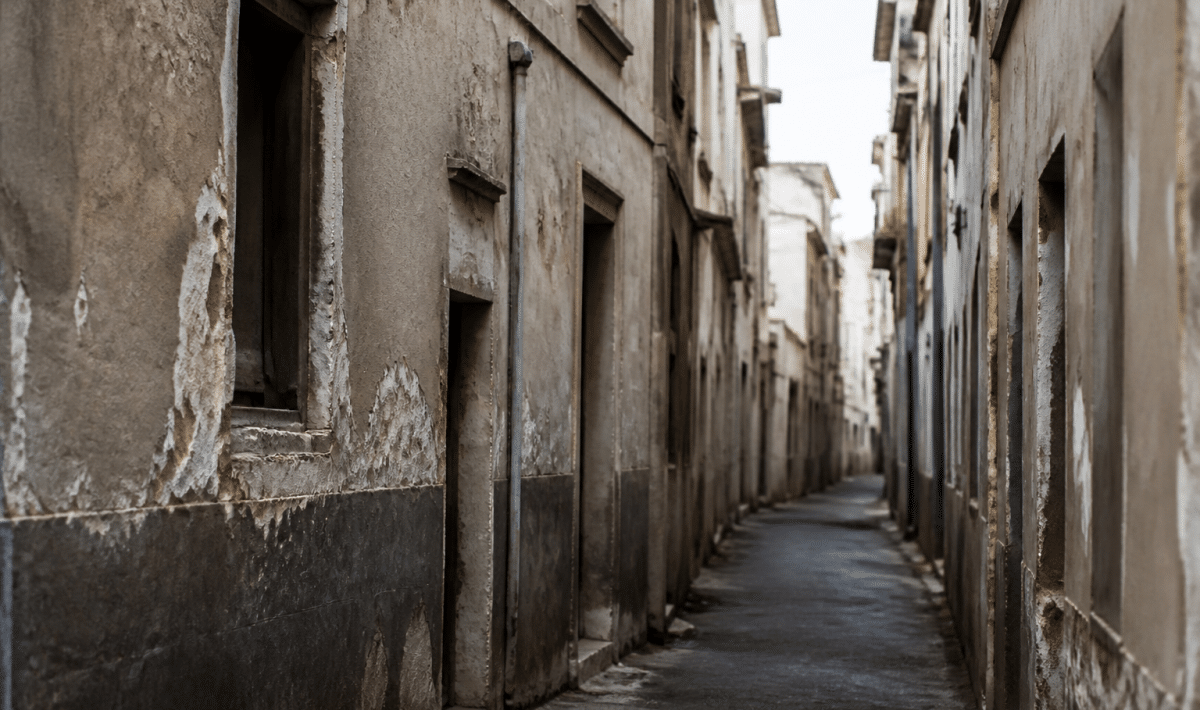 Rue etroite et deterioree avec immeubles delabres et facades usees