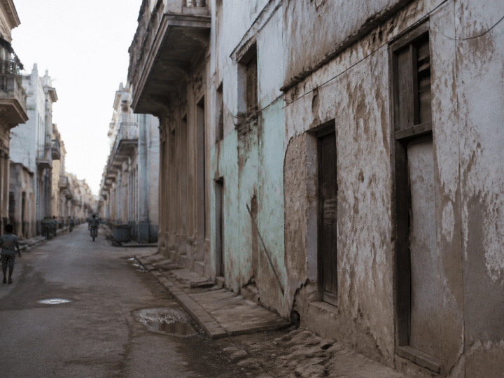 Rue urbaine degradee avec batiments vetustes et facades en ruine