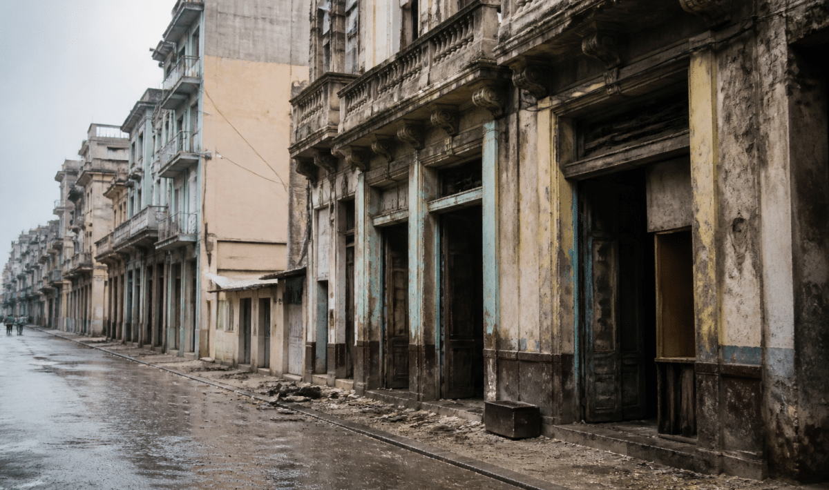 Rue urbaine degradee avec immeubles anciens et desaffectes