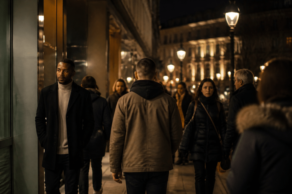 Rue urbaine eclairee la nuit avec pietons vigilants