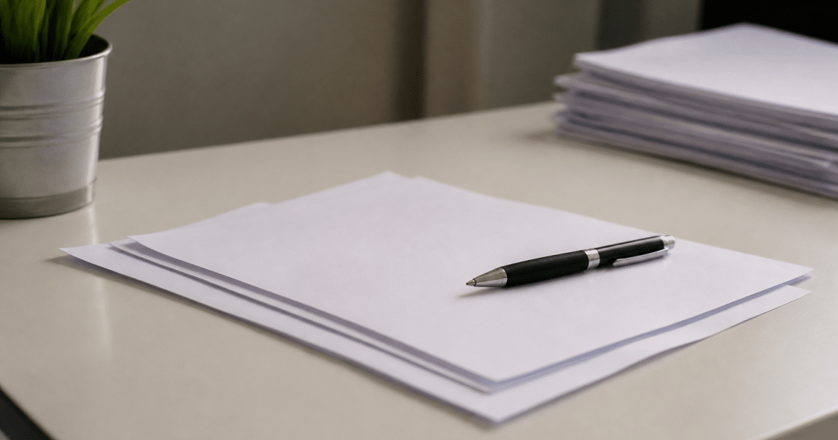 Documents contractuels alignes sur bureau blanc avec stylo