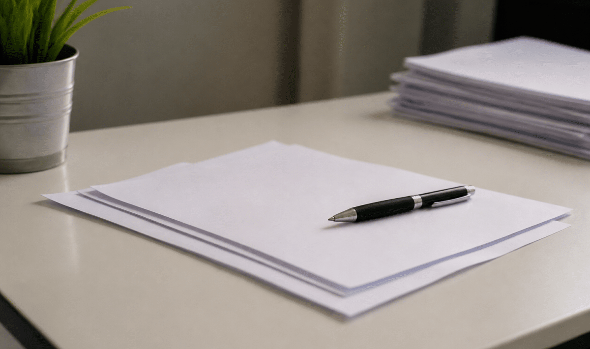 Documents contractuels alignes sur bureau blanc avec stylo