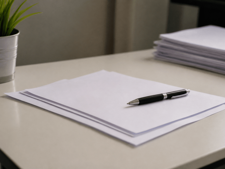 Documents contractuels alignes sur bureau blanc avec stylo