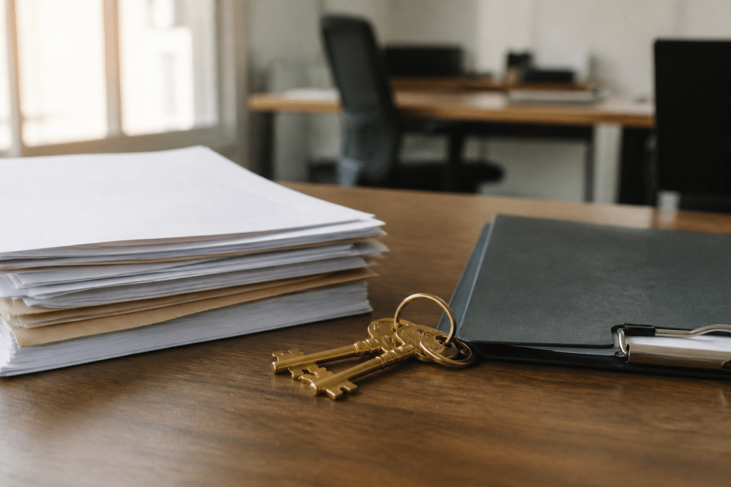 Documents immobiliers et cles dorees sur bureau professionnel
