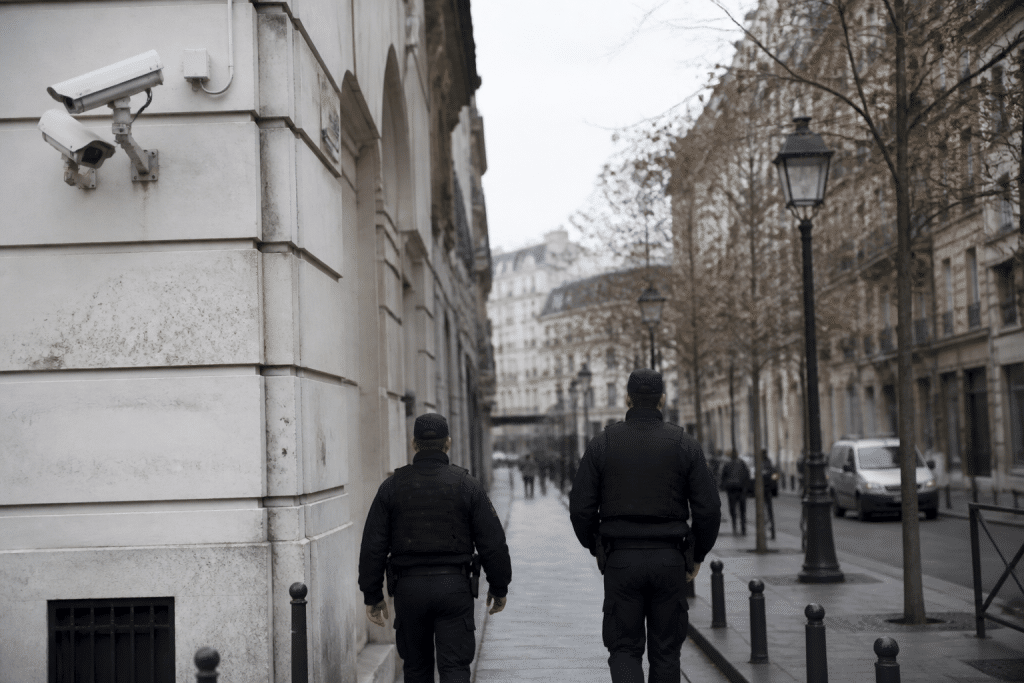 Cameras de surveillance et agents securite patrouillant rue urbaine