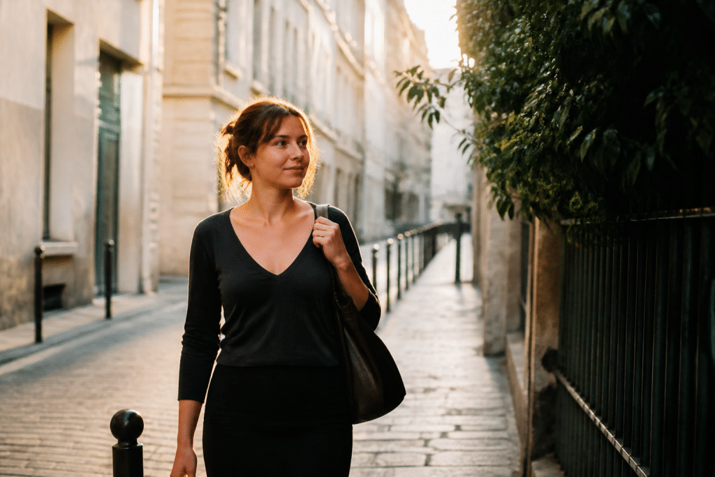 Femme marchant dans rue illuminee en fin d'apres-midi