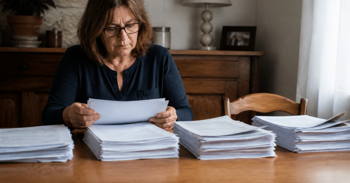 Personne tenant documents fiscaux divisés en plusieurs piles ordonnées