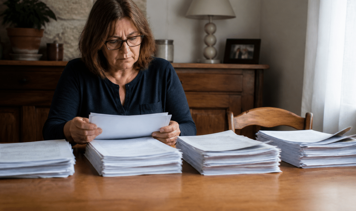 Personne tenant documents fiscaux divisés en plusieurs piles ordonnées