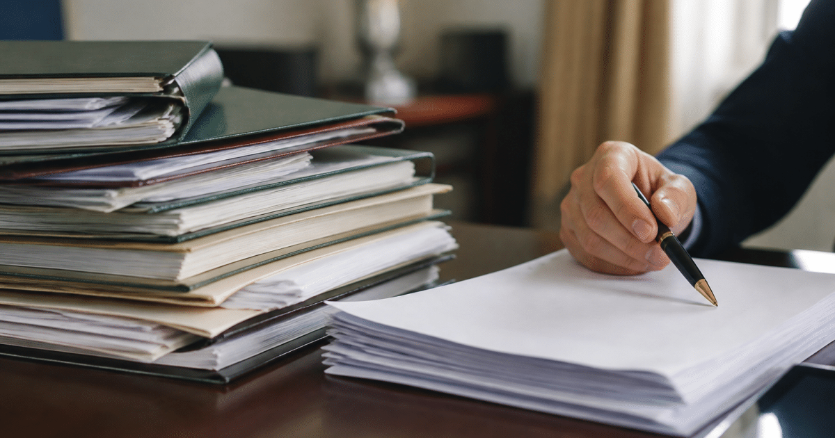 Dossiers bancaires empiles sur bureau avec stylo pointant contrat