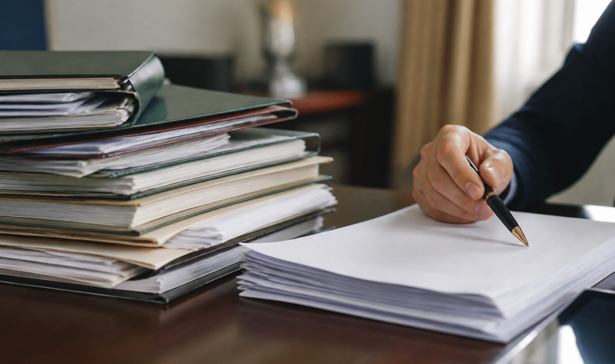 Dossiers bancaires empiles sur bureau avec stylo pointant contrat