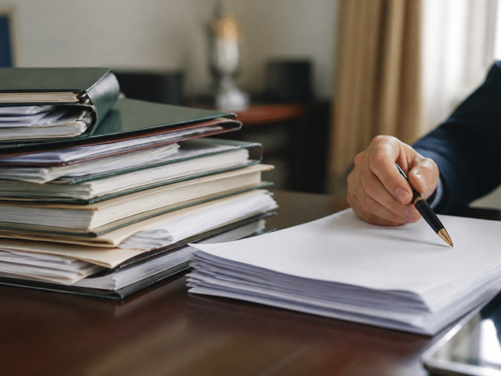 Dossiers bancaires empiles sur bureau avec stylo pointant contrat