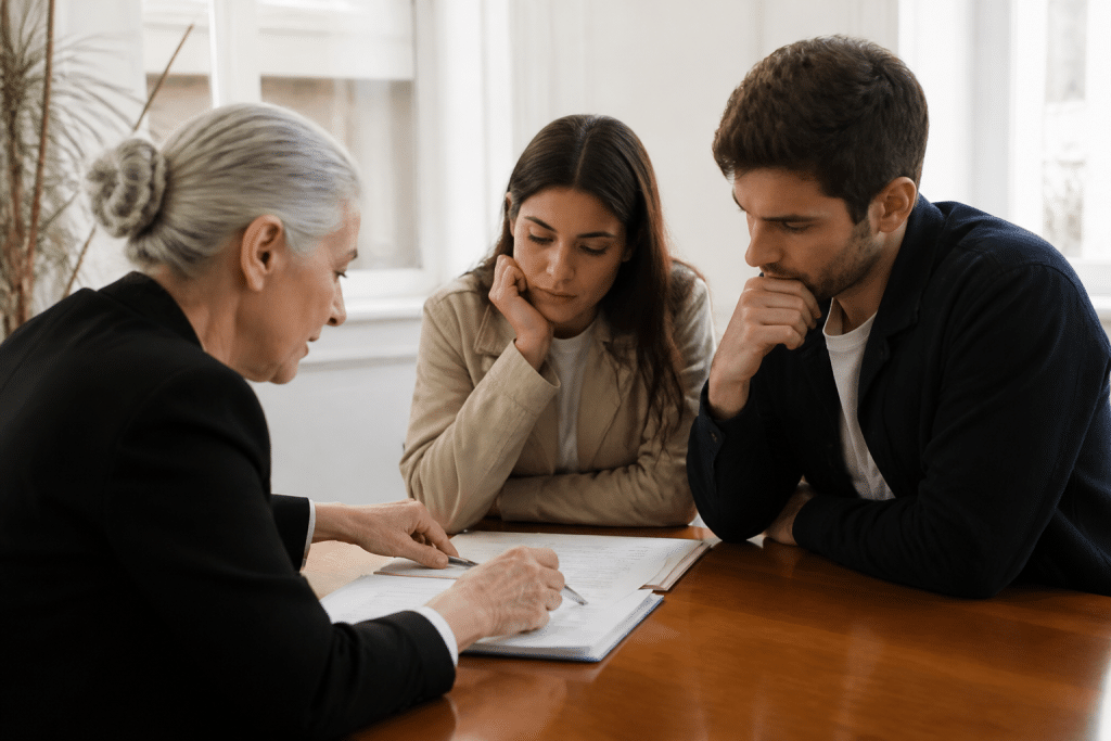 Notaire expliquant document financier à couple devant signatures