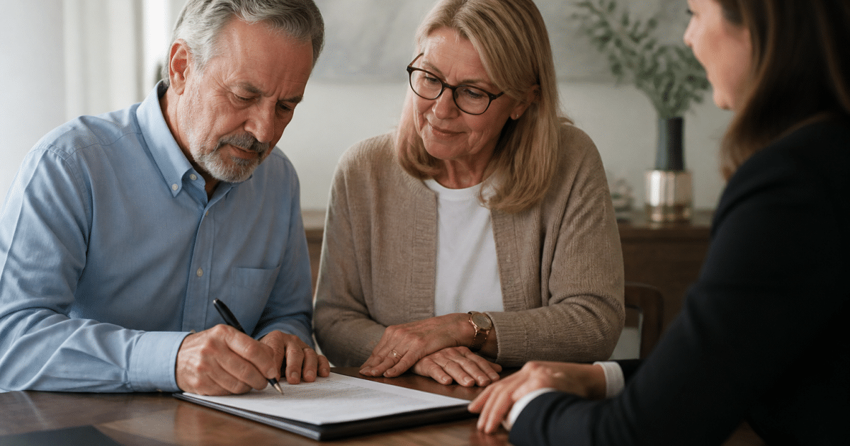 Couple age avance signe contrat immobilier avec notaire