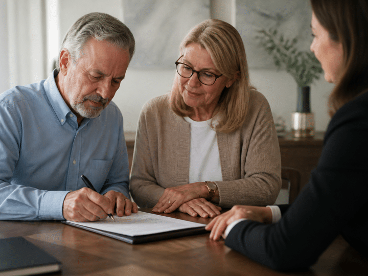 Couple age avance signe contrat immobilier avec notaire
