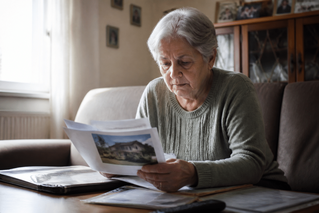 Personne agee dans son salon avec documents immobiliers