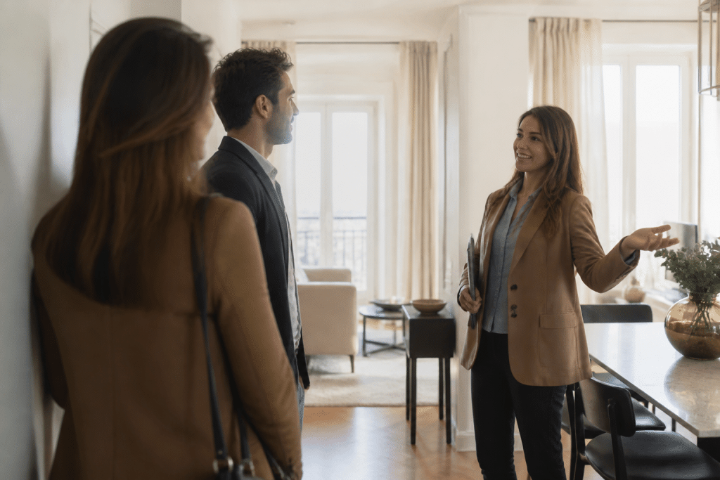 Personne visitant appartement avec agent immobilier souriant