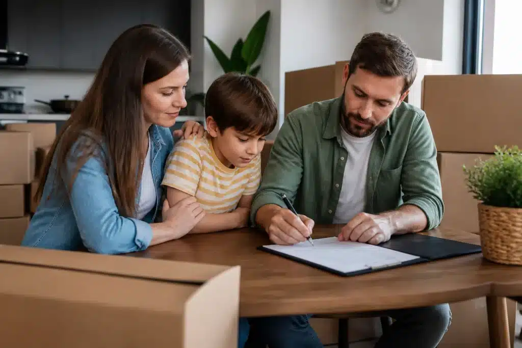 Famille signant document autour table avec cartons