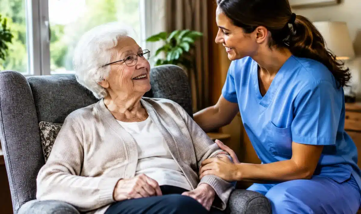 Personne agee assise dans fauteuil recevant assistance d'un soignant