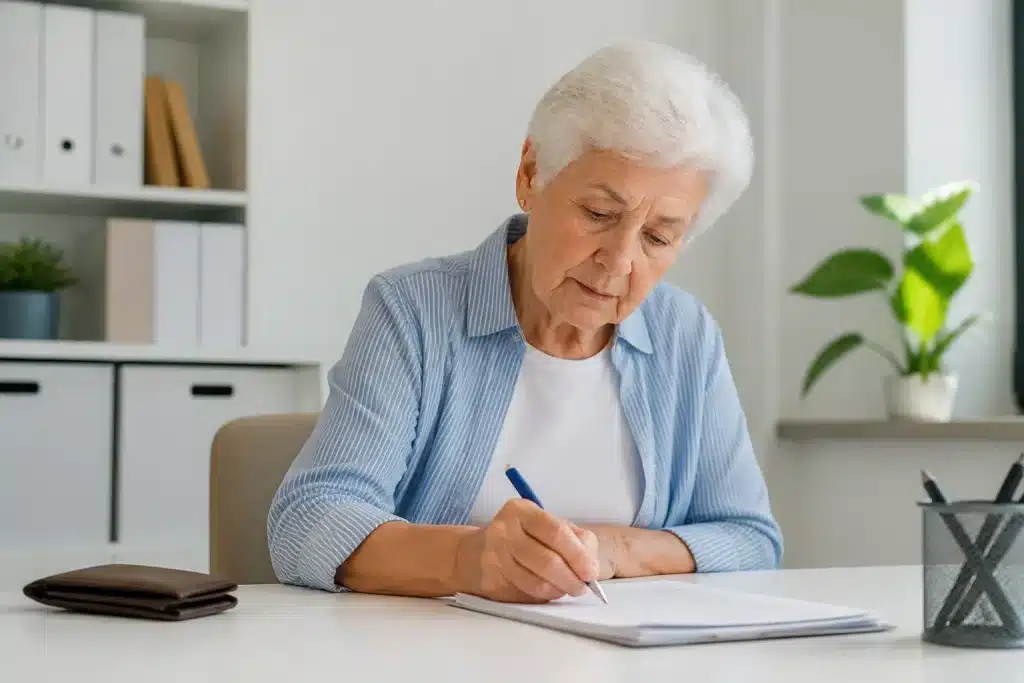 Personne agee signant documents administratifs a bureau blanc