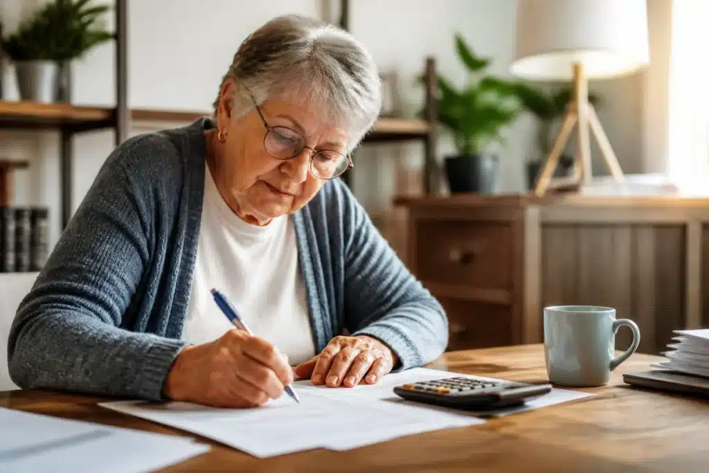 Personne agee signant documents administratifs avec calculatrice visible
