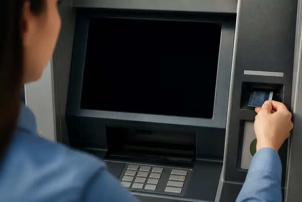 Distributeur automatique avec écran affichant transaction bancaire suspecte