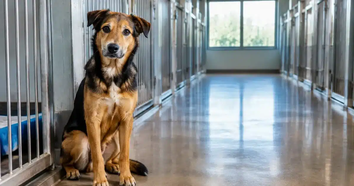 Animal de compagnie assis seul, attendant dans un refuge vide
