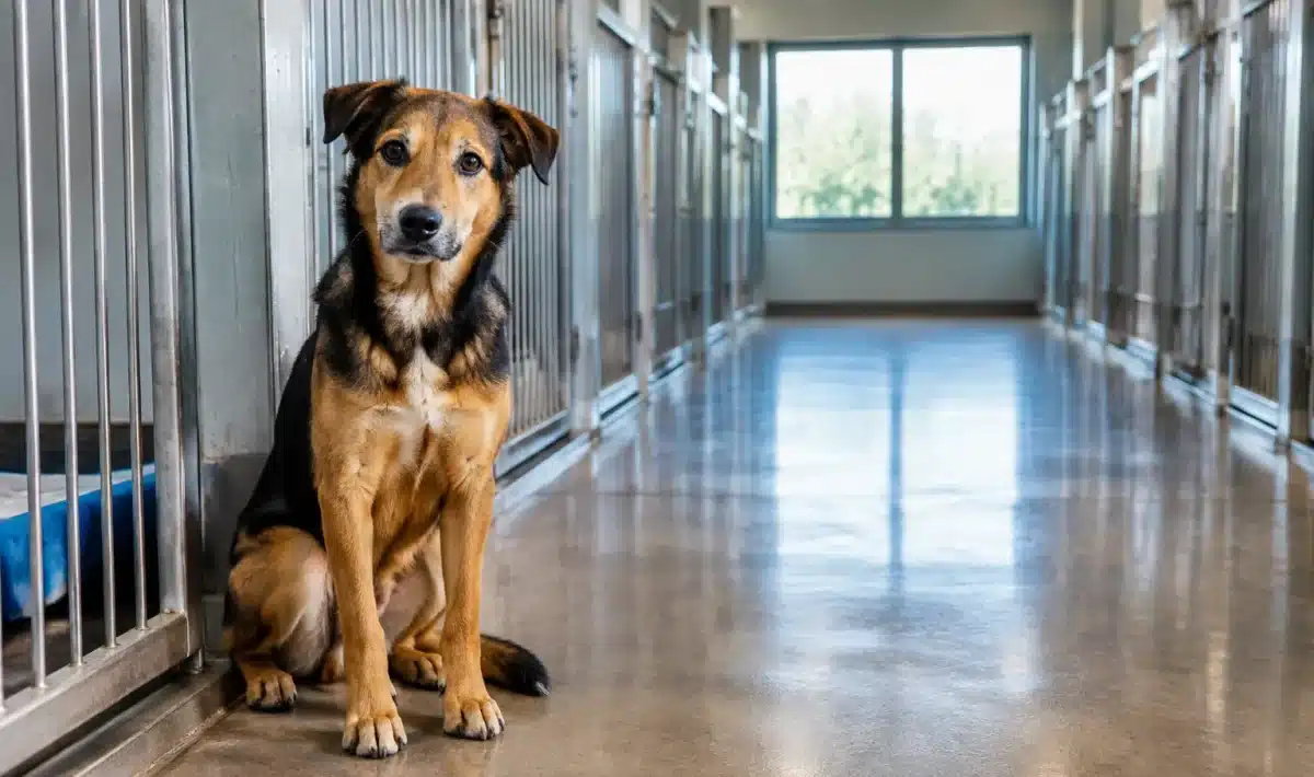 Animal de compagnie assis seul, attendant dans un refuge vide