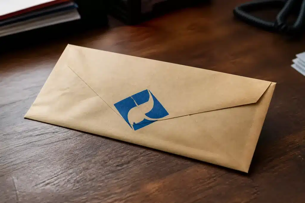 Enveloppe suspecte avec logo bancaire falsifie sur bureau