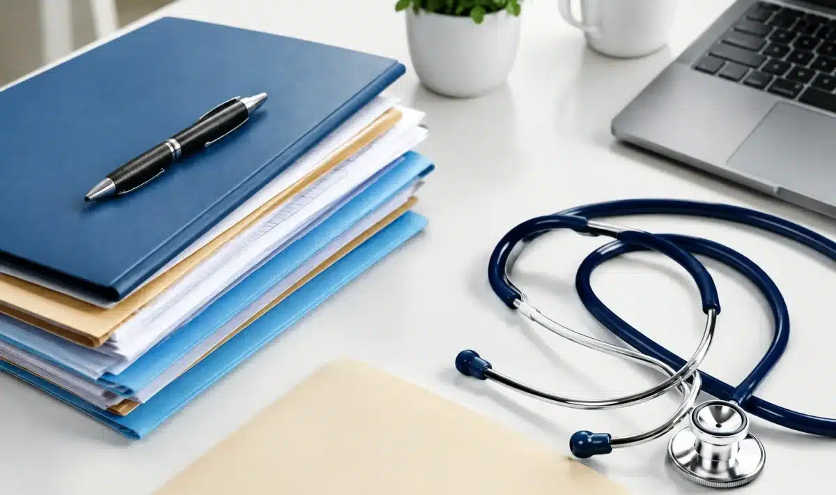 Documents administratifs et dossier medical poses sur bureau blanc